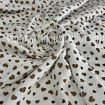 Тканина Муслін жатка двошаровий Серця коричневі