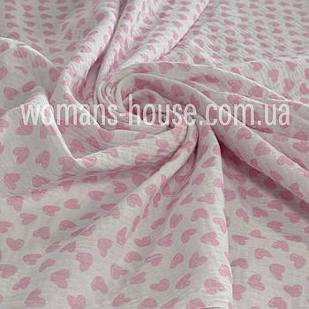 Тканина Муслін жатка двошаровий Сердечка рожеві