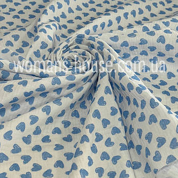 Тканина Муслін жатка двошаровий Серця синії