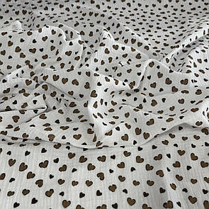 Тканина Муслін жатка принт двокроковий Сердечка коричневі