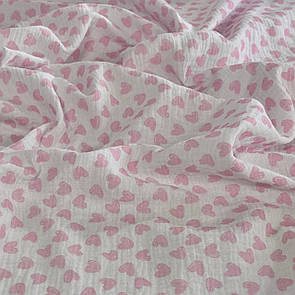 Тканина Муслін жатка принт двокроковий Сердечка рожеві