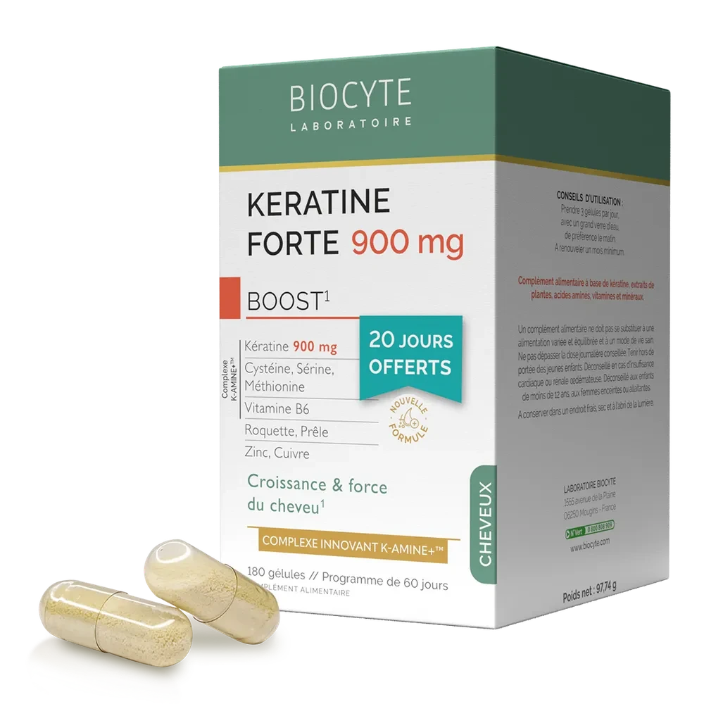 Biocyte KERATINE FORTE 900MG BOOST PACK K-Amine Зміцнює та допомагає відростити довге волосся, 180 капсул