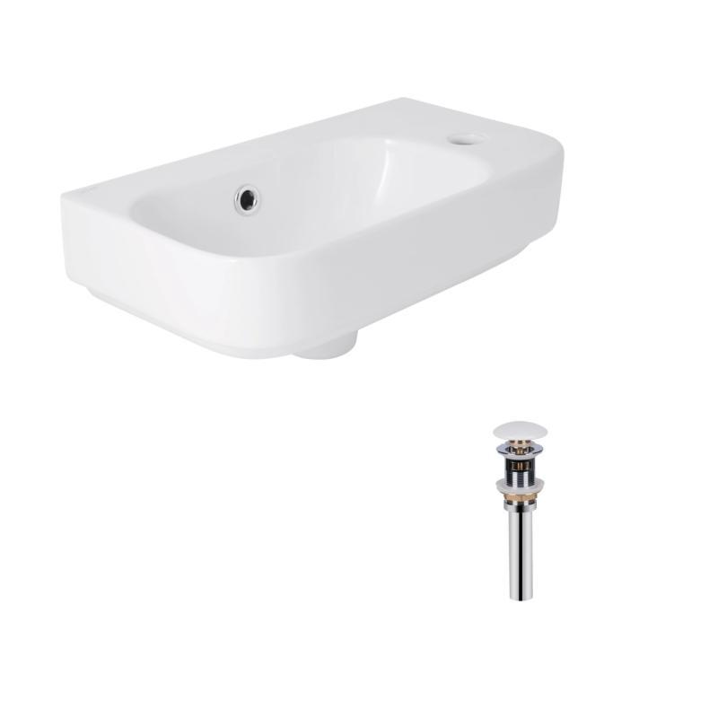 Комплект Qtap Tern: Раковина підвісна прамокутна права 450х250х158 мм White + Донний клапан PU02O