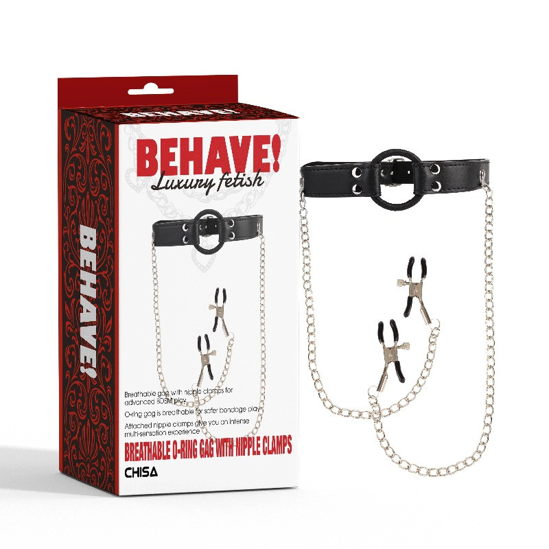 Кляп з кільцем та затискачами для сосків Chisa BEHAVE! Luxury Fetish чорний Кітті, фото 1