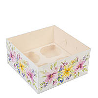 Коробка 160х160х80 (на 4 капкейка) з прозорою кришкою "Квіткова"