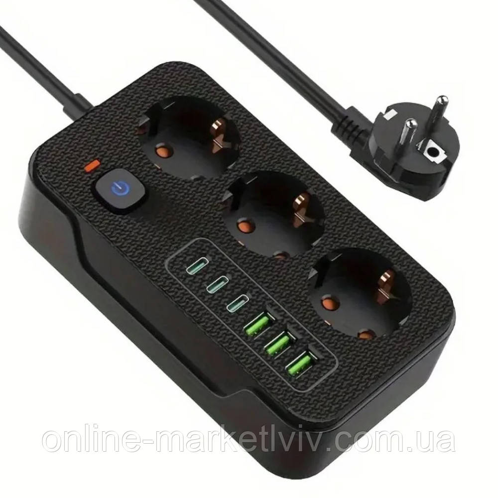 Мережевий фільтр 2м, 3×220В, 3×USB, 3×Type-C, VINSEM / Подовжувач з USB / Переноска електрична