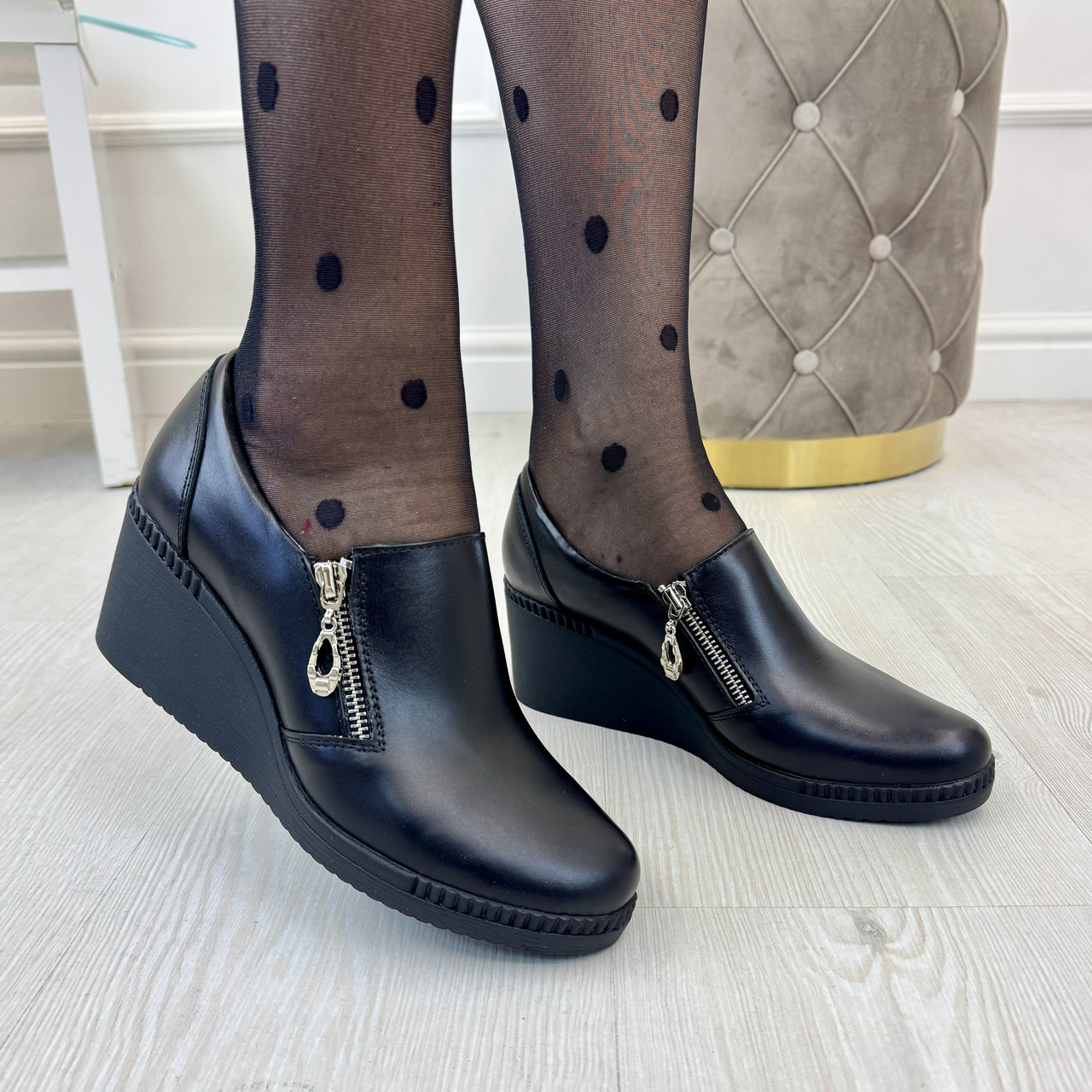 Туфлі жіночі шкіряні на танкетці. Колір чорний. 40 розмір, фото 1