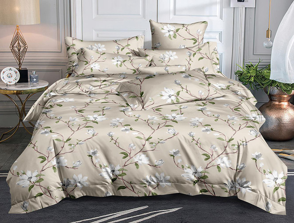 Бежева синтетична тканина 220 см для постільної білизни Поліестер 75 з квітами, у рулоні 60 м