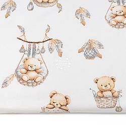 Бязь "Ведмедики на гойдалках та в корзинках на білому тлі", №5604