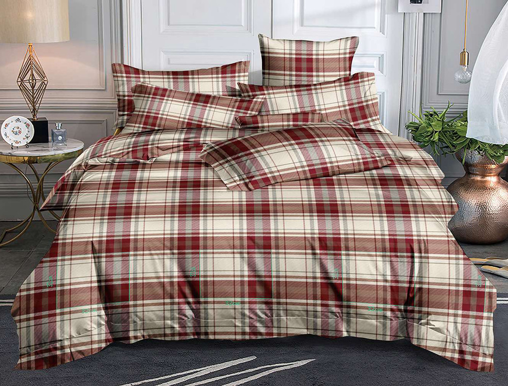 Постільна тканина 220 см із бежевого кольору з принтом клітинка, 100% Поліестер 75 синтетичний, рулон 60 м