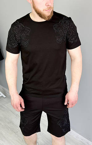 Літній чоловічий костюм Philipp Plein шорти та футболка, брендовий спортивний костюм із левом на літо чорний, фото 1