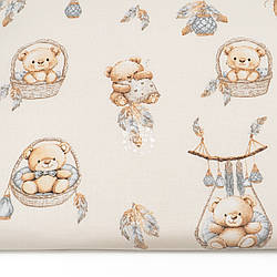 Бязь "Ведмедики на гойдалках та в корзинках на блідо-бежевому тлі", №5605