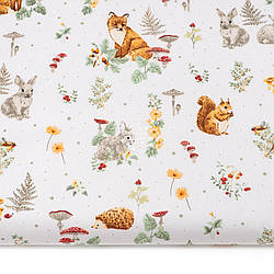 Бязь "Звірі, мухомори та мальви на білому тлі", №5606