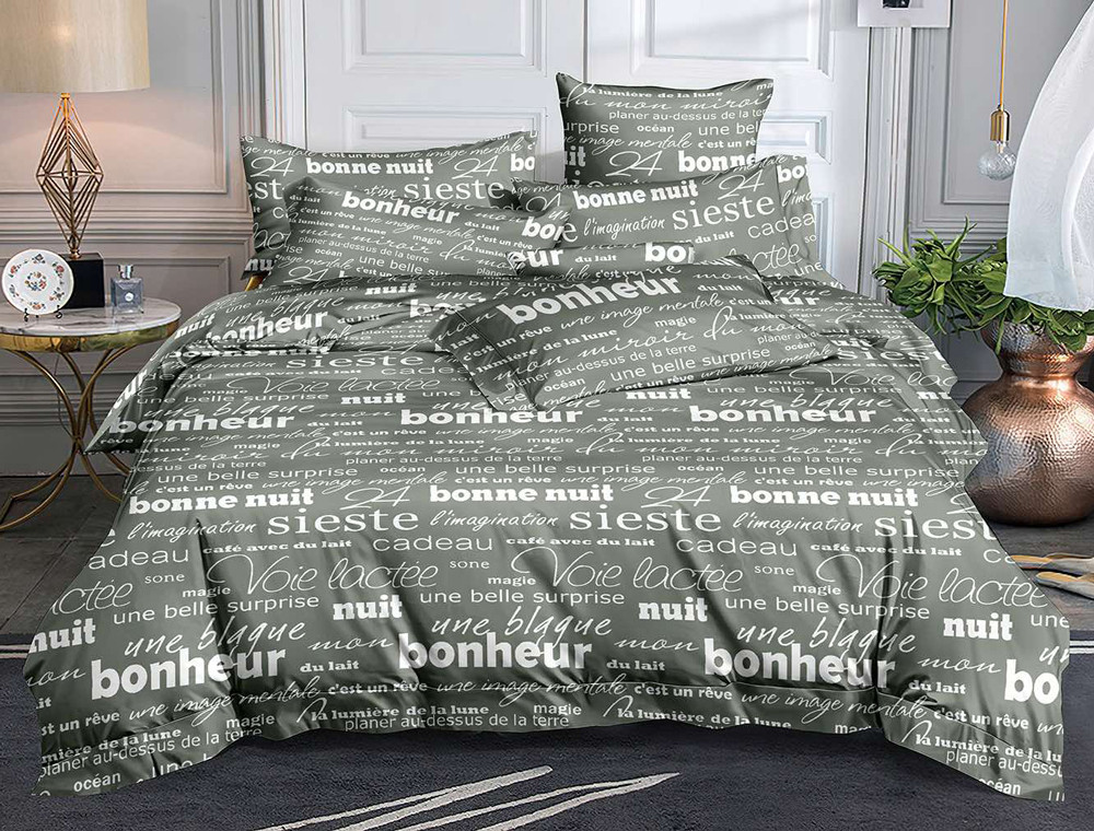 Сіра синтетична тканина 220 см із принтом написи для постільної білизни, 100% Поліестер 75, у рулоні 60 м