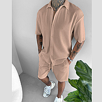 Мужской летний костюм оверсайз рубашка поло с шортами, мужской костюм двойка на лето в рубчик Бежевый