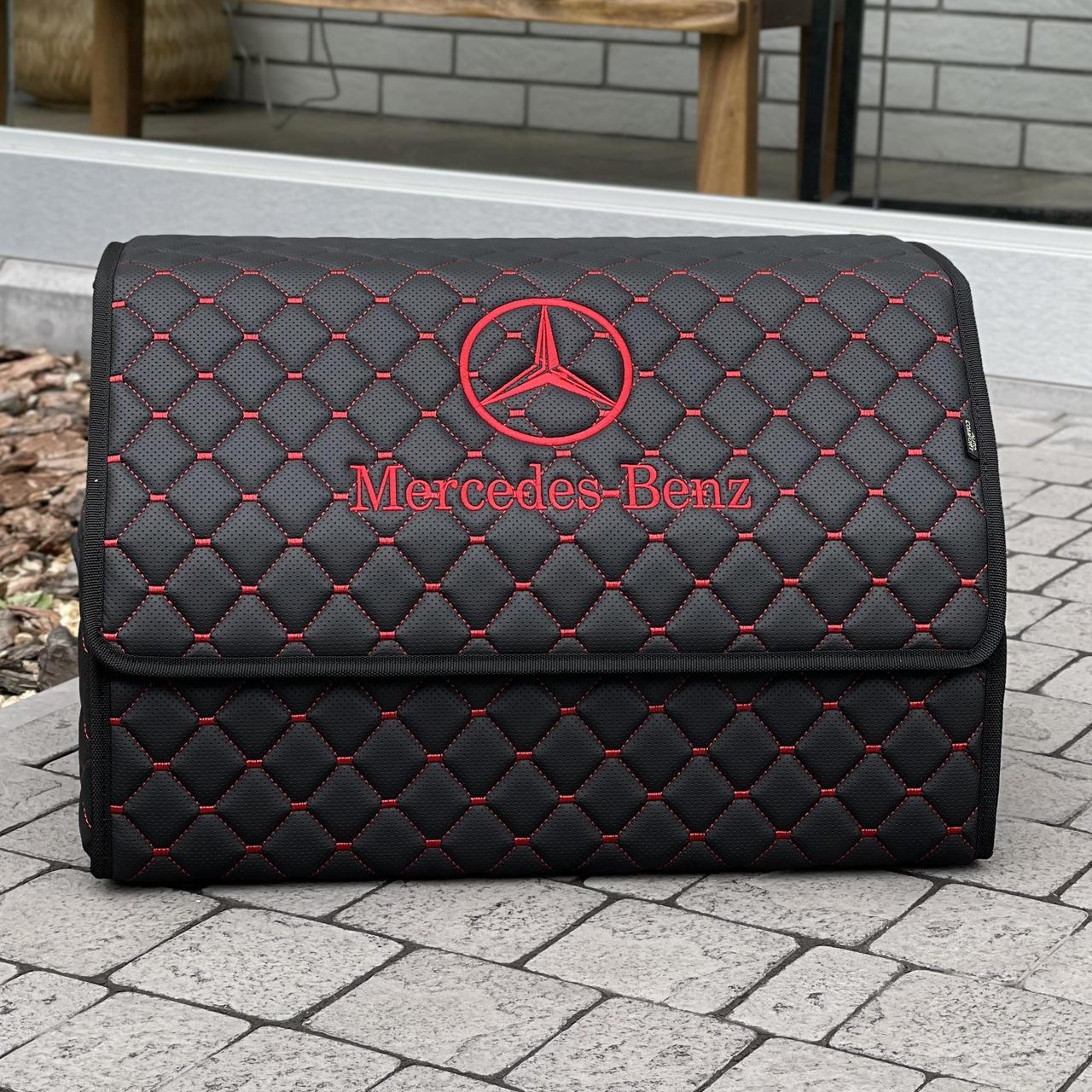 Органайзер в багажник з вишивкою Mercedes, чорний з червоною ниткою, 50 см, автомобільний органайзер в авто, фото 1