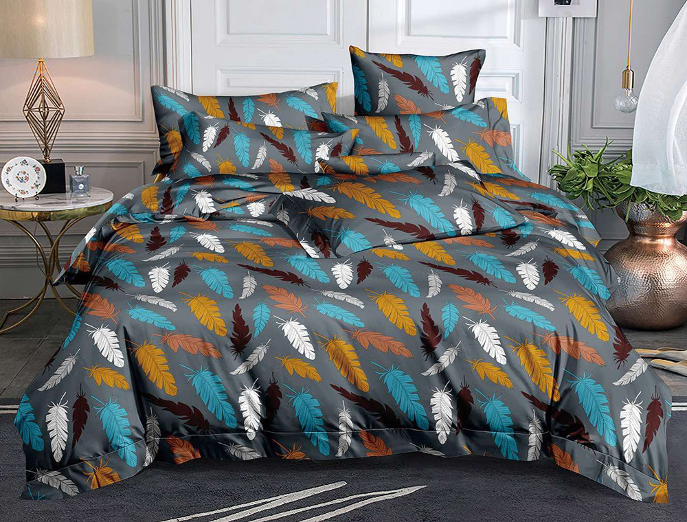 Сіра постільна тканина 220 см із принтом пір'я, 100% Поліестер 75 синтетичний, рулон 60 м