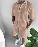 Костюм мужской классический рубашка шорты повседневный комплект в рубчик Paris бежевый