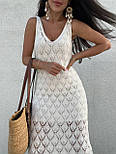 Плаття літнє в'язане ажурне жіноче максі, Туреччина, колір білий бежевий моко, фото 4
