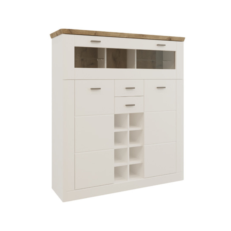 Сучасний високий вузький комод білий з вітриною дверцятами і шухлядами для посуду і книг у вітальню Орлеан Сокме, фото 1