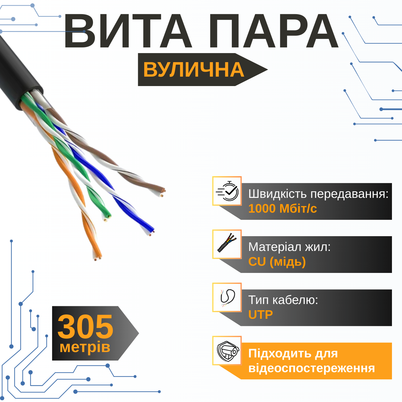 Мідний вуличний мережевий кабель GEAR CAT.5E UTP 305 м, чорний, для зовнішньої прокладки