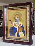 Ікона Спірідон Триміфутський у темному дерев'яному фігурному кіоті під склом, розмір кіота 39*29, сюжет 20×30., фото 2