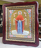 Ікона Пресвята Богородиця Покров у темному фігурному кіоті під склом, розмір кіота 32×28, сюжет 20×24., фото 2