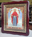 Ікона Пресвята Богородиця Покров у темному фігурному кіоті під склом, розмір кіота 32×28, сюжет 20×24., фото 3