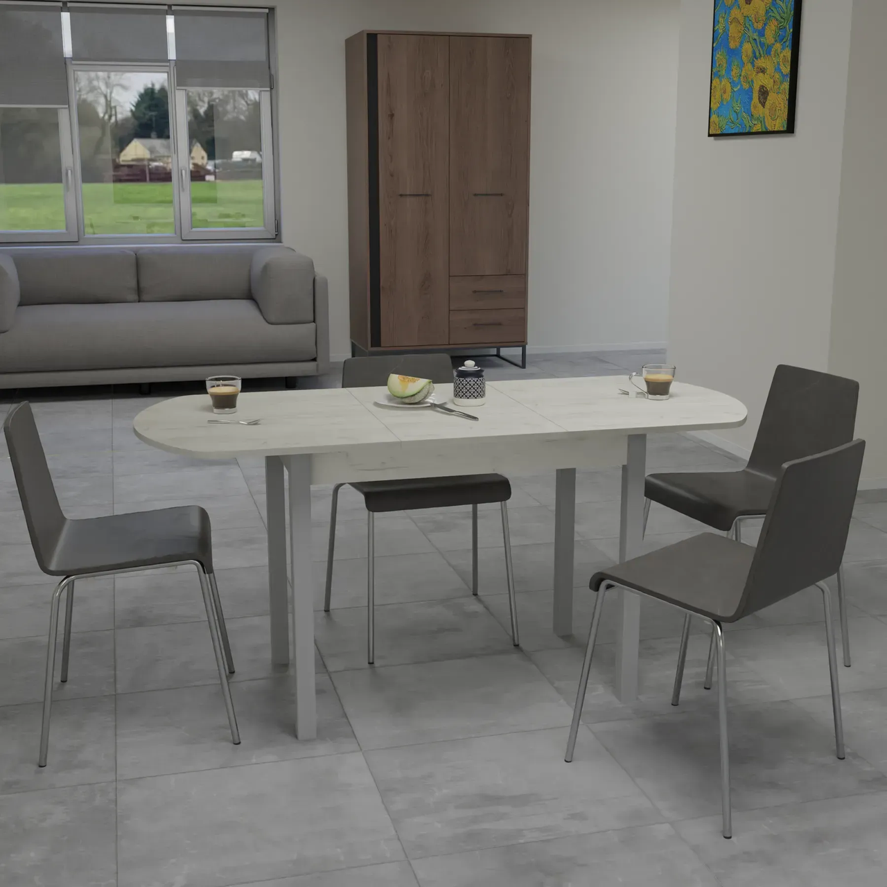 Стіл обідній розсувний Neman  МОДЕРН, колір дуб крафт білий / сірий