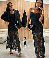 Стильная модная женская длинная юбка из кружева подкладка дайвинг турецкий гипюр стрейч SML черный