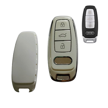 Чехол  для ключа Audi, белый с серебряной рамкой