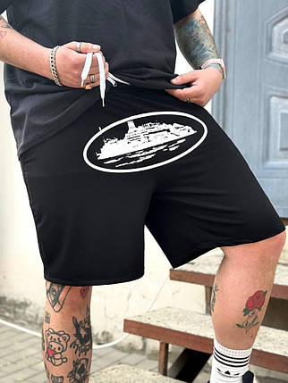 Літні чоловічі шорти Corteiz RTW Black White Print шорти Чорні Кортез з кишенями 100% бавовна, фото 1
