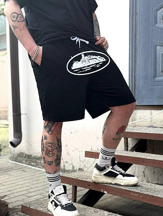 Літні чоловічі шорти Corteiz RTW Black White Print шорти Чорні Кортез з кишенями 100% бавовна, фото 3
