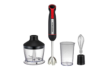 Блендерний набір GRUNHELM EBS-1280SB, 800-1200 Вт, 2 швидкості з TURBO, чаша, стакан, вінчик, металева насадка блендер, сірий колі