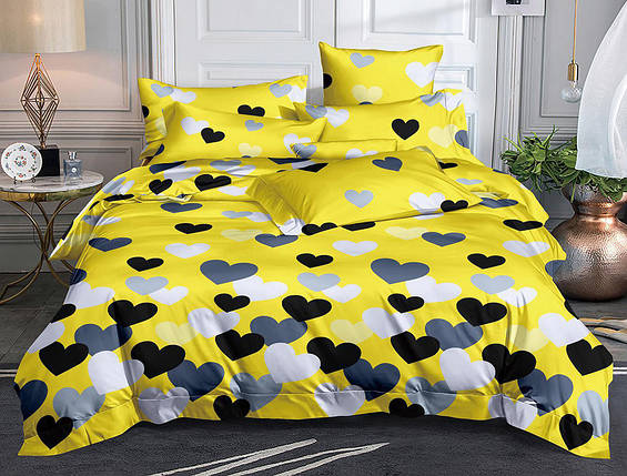 Постільна штучна тканина 220см Поліестер 75 жовтого кольору , із принтом сердець у рулоні 60 м, фото 1