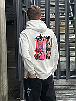 Чоловіче худі Stussy, біла кофта Стуссі з кольоровим принтом на спині, спортивна толстовка stussy