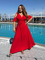 Женское красное платье на запах в пол с коротким рукавом
