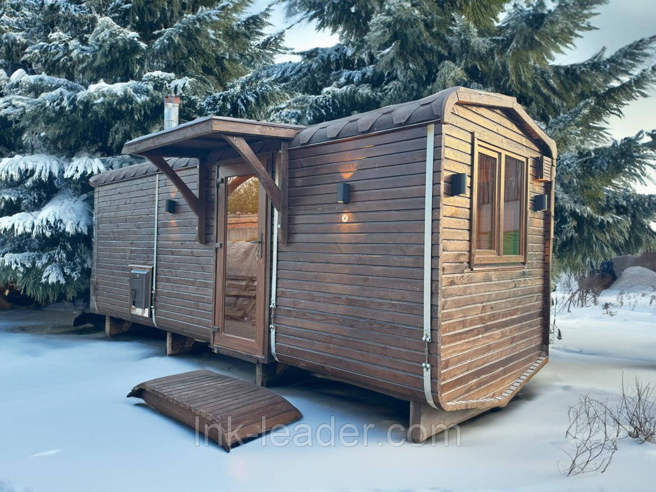 Дерев'яна мобільна Баня-Квадро квадро "Беверен" 6 м (вільха, з котелом на дровах)