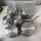 Набір посуду 12в1 Rainberg з нержавіючої сталі зі сковородою і сотейником для всіх плит, фото 9