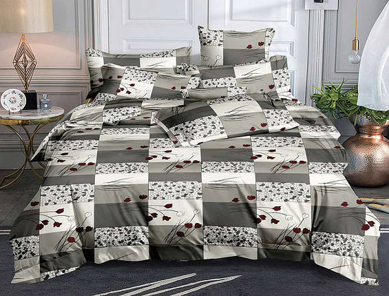 Постільна тканина 220 см із сірого кольору з принтом клітинка, 100% Поліестер 75 синтетичний, рулон 60 м, фото 1