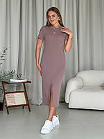 Женское платье макси в рубчик бежевое хлопковое Платье-футболка длинное с коротким рукавом