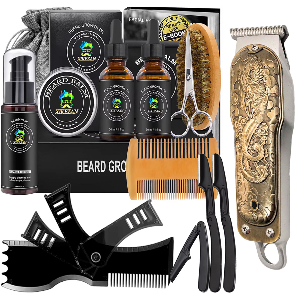 Повний догляд за бородою та волоссям, тример ALSTOW базовий сет Barbers з олією, бальзамом та аксесуарами