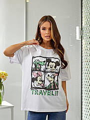 Футболка оверсайз жіноча з накатом TRAVEL 1060 з турецького котона (кулір) преміум якості