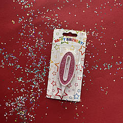 Свічка цифра "0" біла рожевий глітр