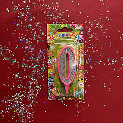 Свічка цифра "0" рожева срібний глітр