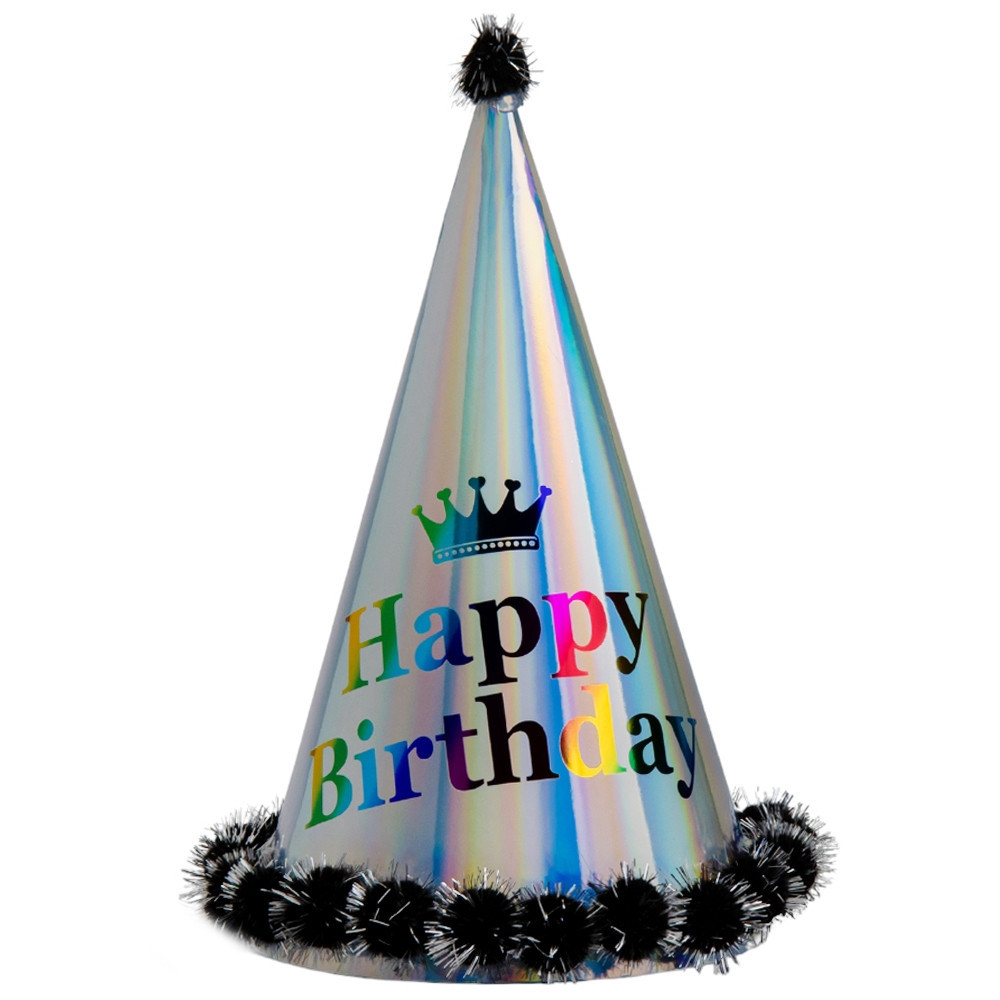 Ковпак святковий "Happy Birthday" черный, 24 см, фото 1