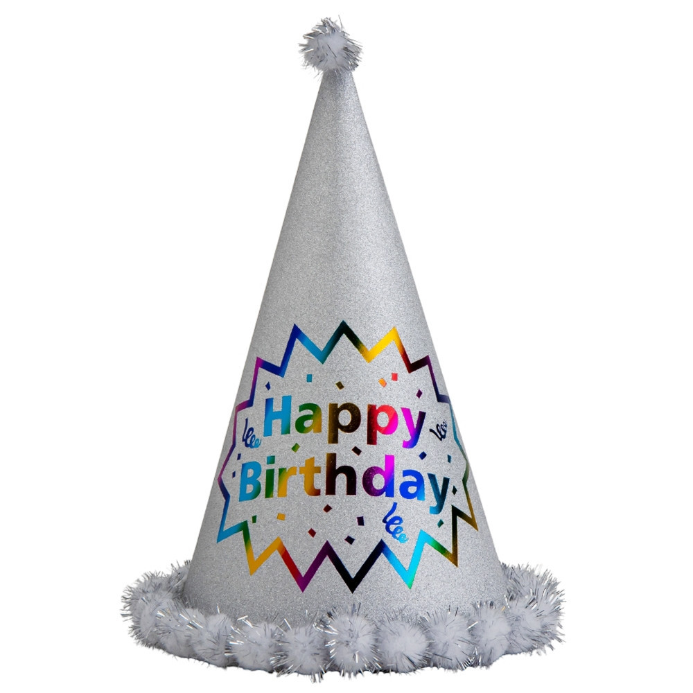 Ковпак святковий "Happy Birthday" сірий мерехтіння, 24 см