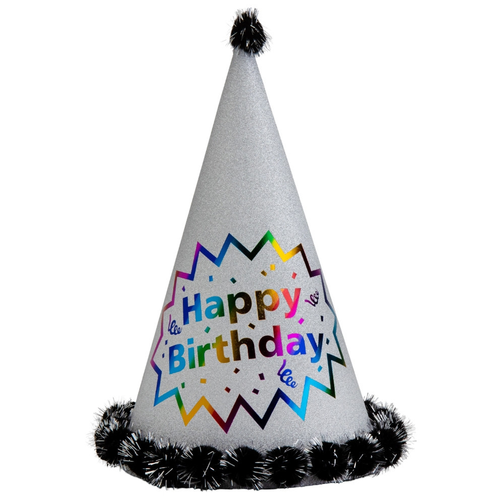 Ковпак святковий "Happy Birthday" чорний мерехтіння, 24 см, фото 1