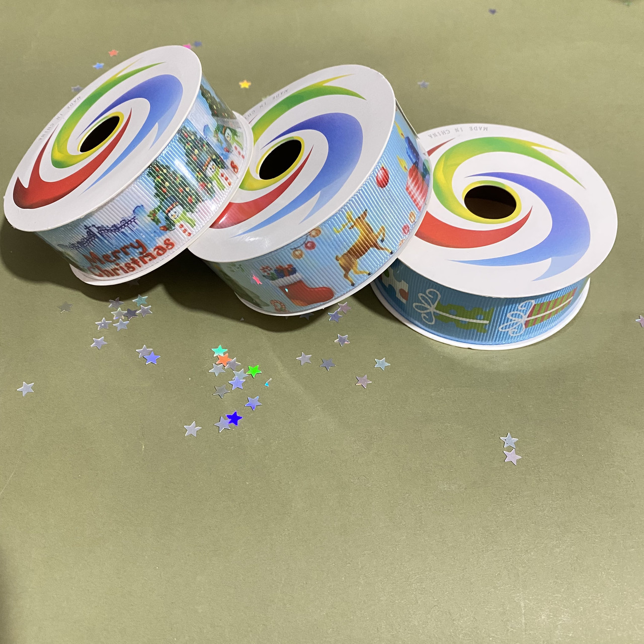 Новорічна стрічка блакитна з дизайном, 2,5 см х 2,7 м, фото 1