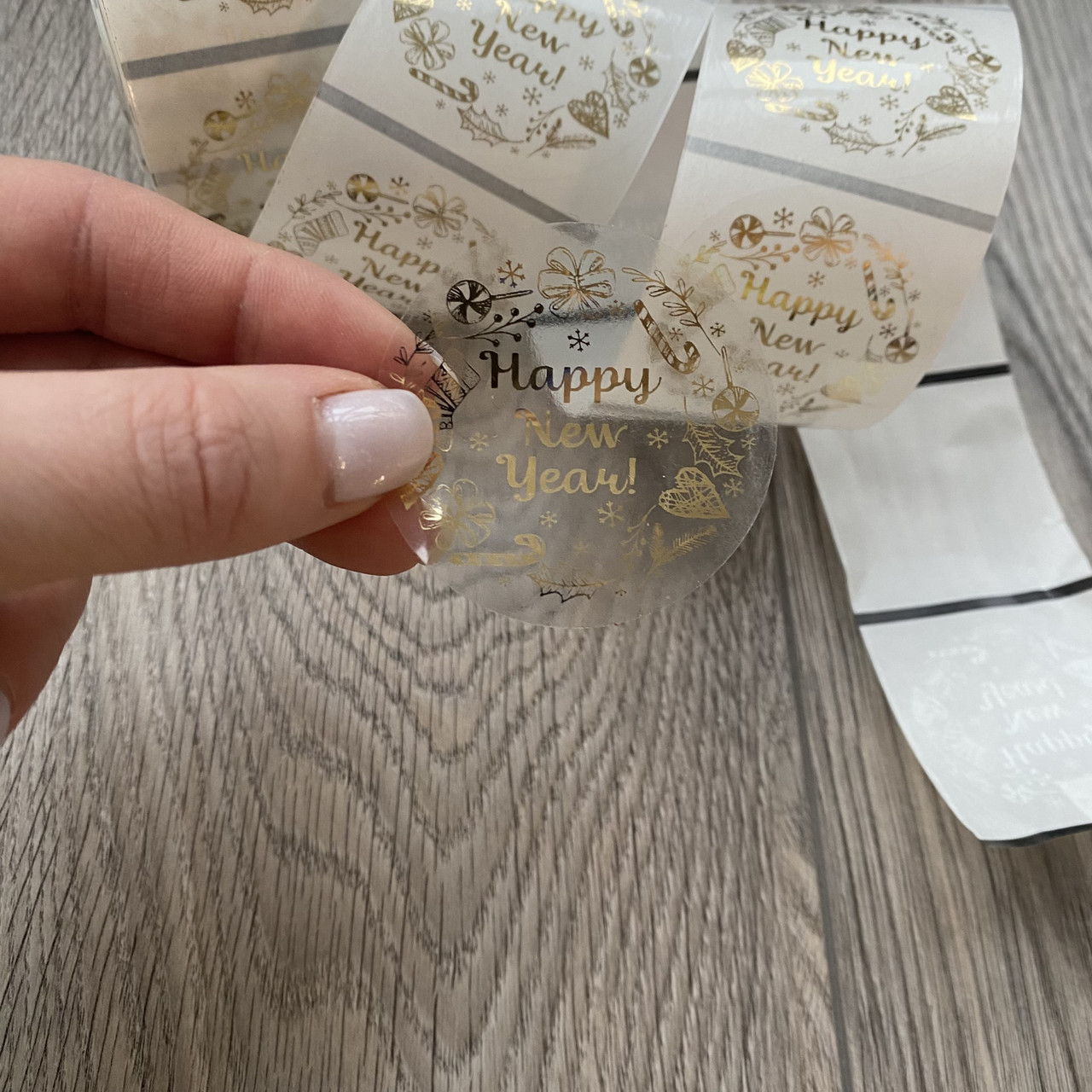 Наклейки кругле прозоре золото 10 шт Happy new year, фото 1